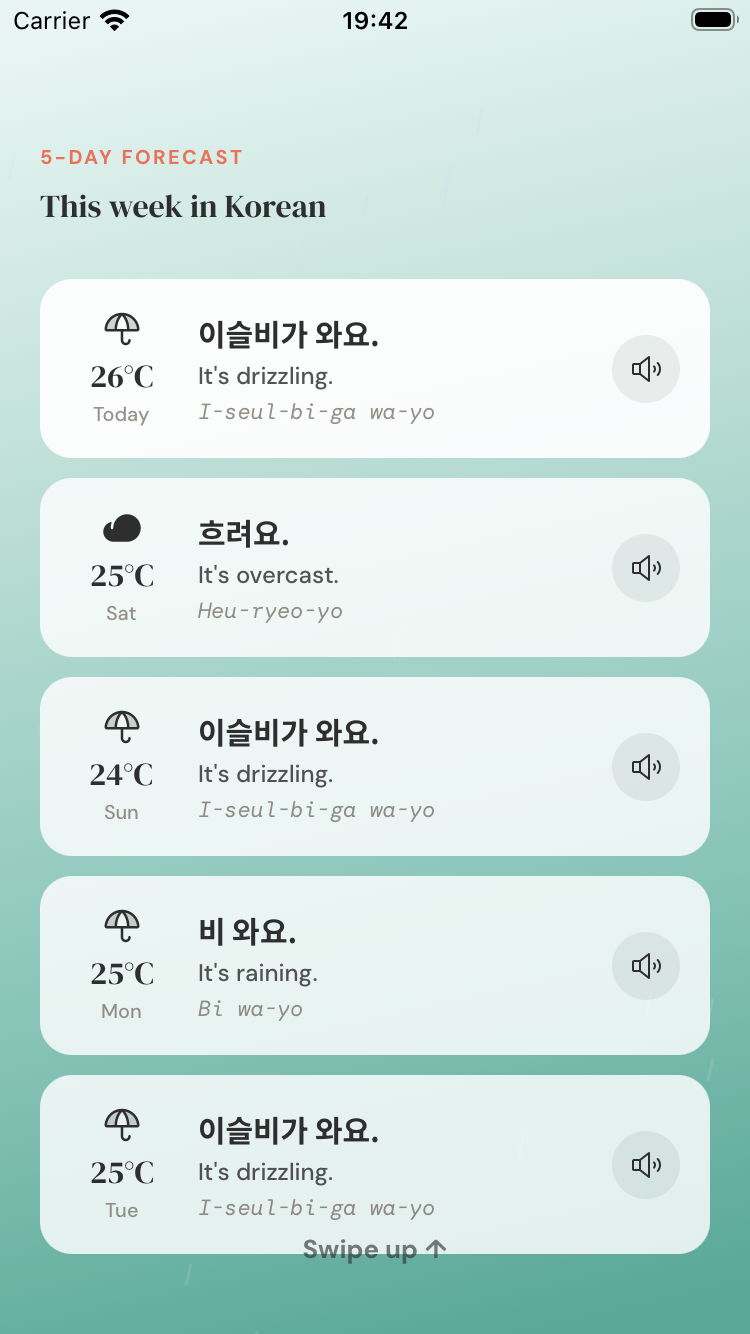 5-day forecast screen in the Weather Lingo app