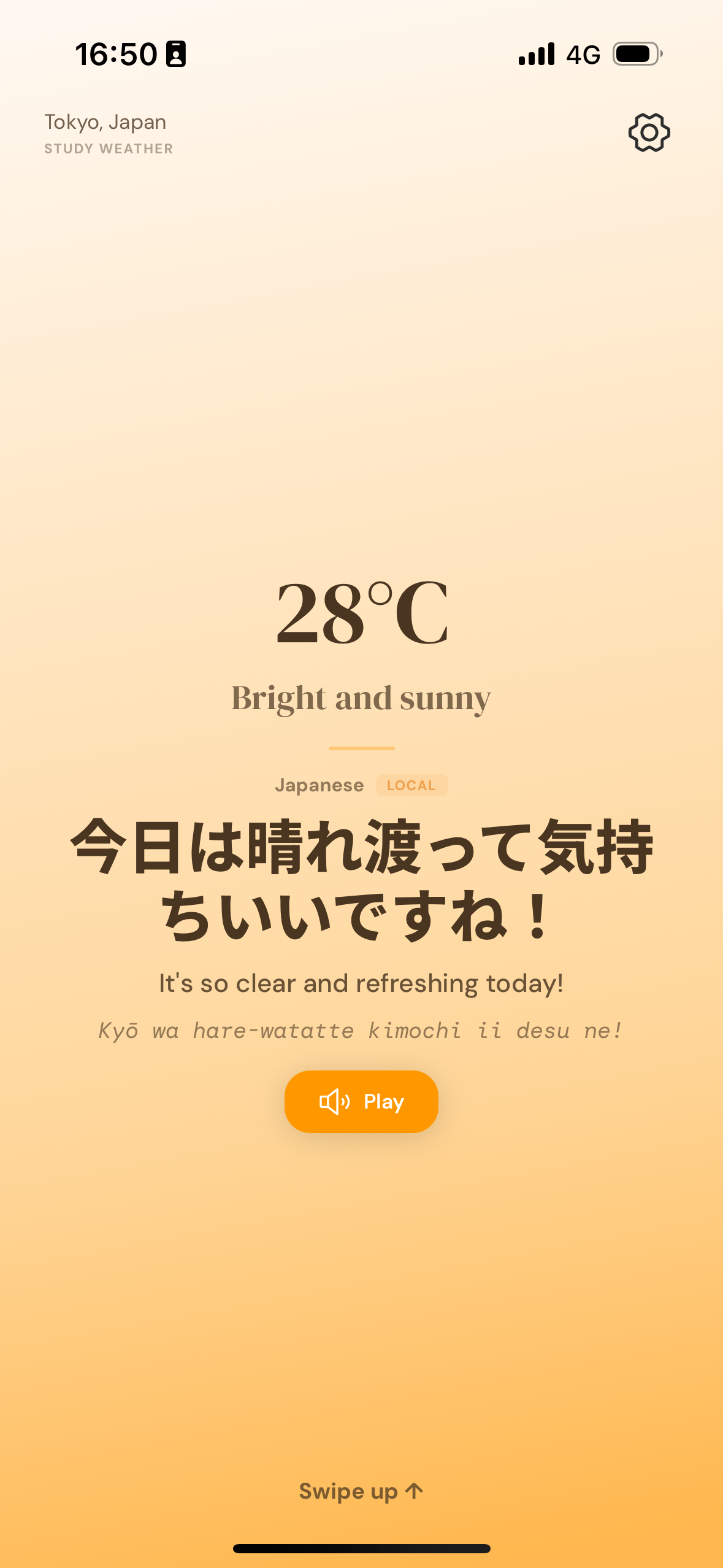 Today’s weather screen in the Weather Lingo app